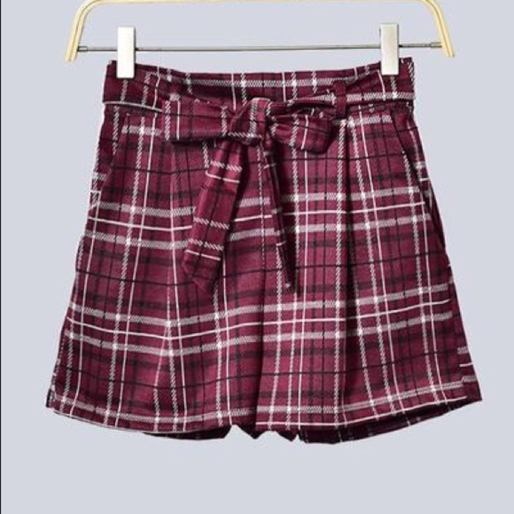 Wine Plaid Tie Waist Shorts